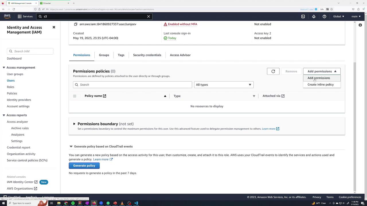 The image shows an AWS Identity and Access Management (IAM) console, displaying user permissions settings with options to add permissions or create an inline policy.