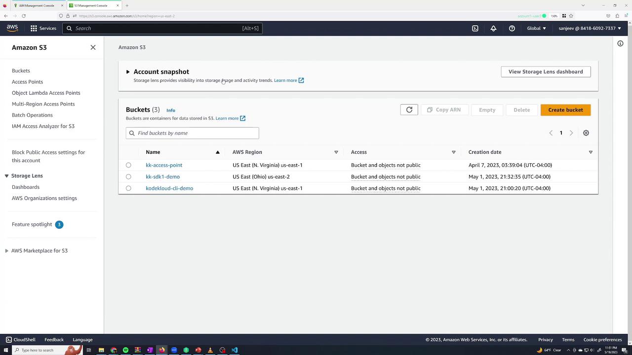 The image shows an Amazon S3 management console with a list of buckets, their regions, access status, and creation dates. A new bucket was successfully created.