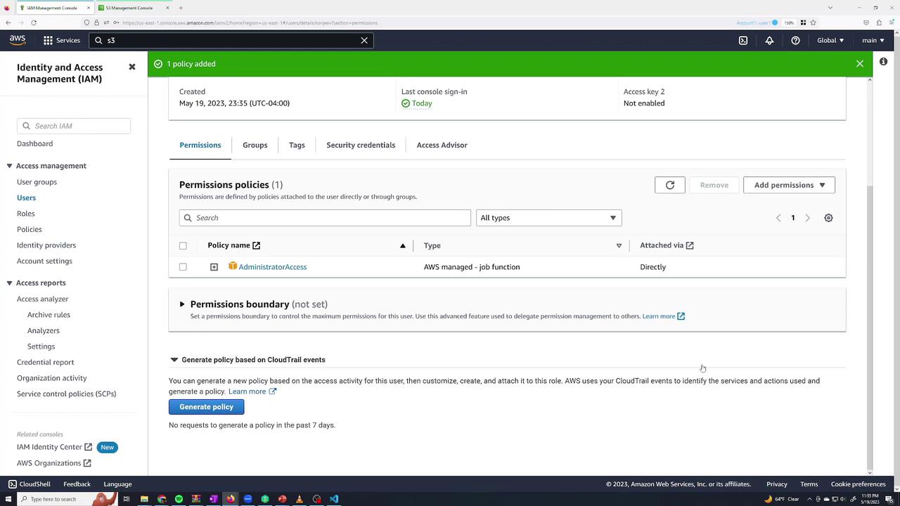 The image shows the AWS Identity and Access Management (IAM) console, displaying user groups and permission policies, with "AdministratorAccess" selected for a user group.