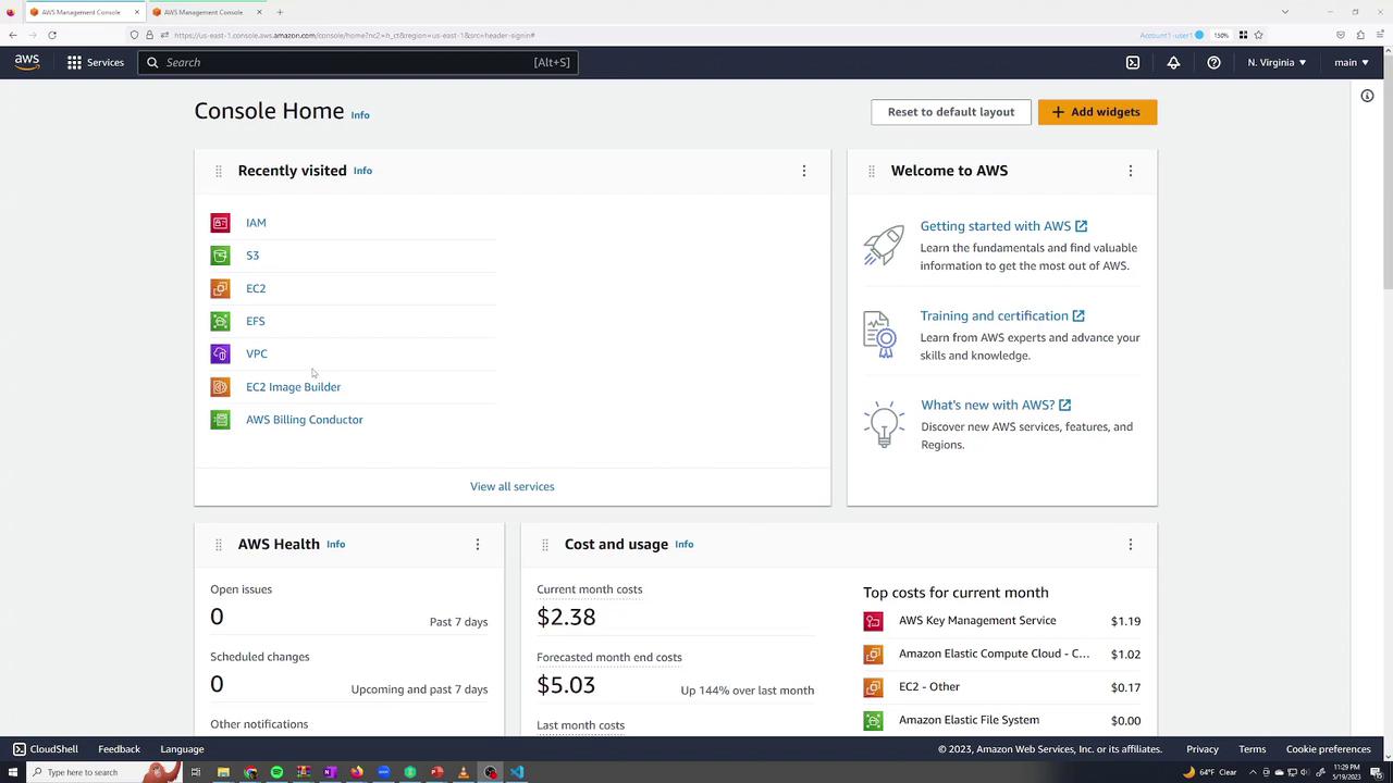 The image shows the AWS Management Console home page, displaying recently visited services, AWS health, cost and usage, and welcome information.