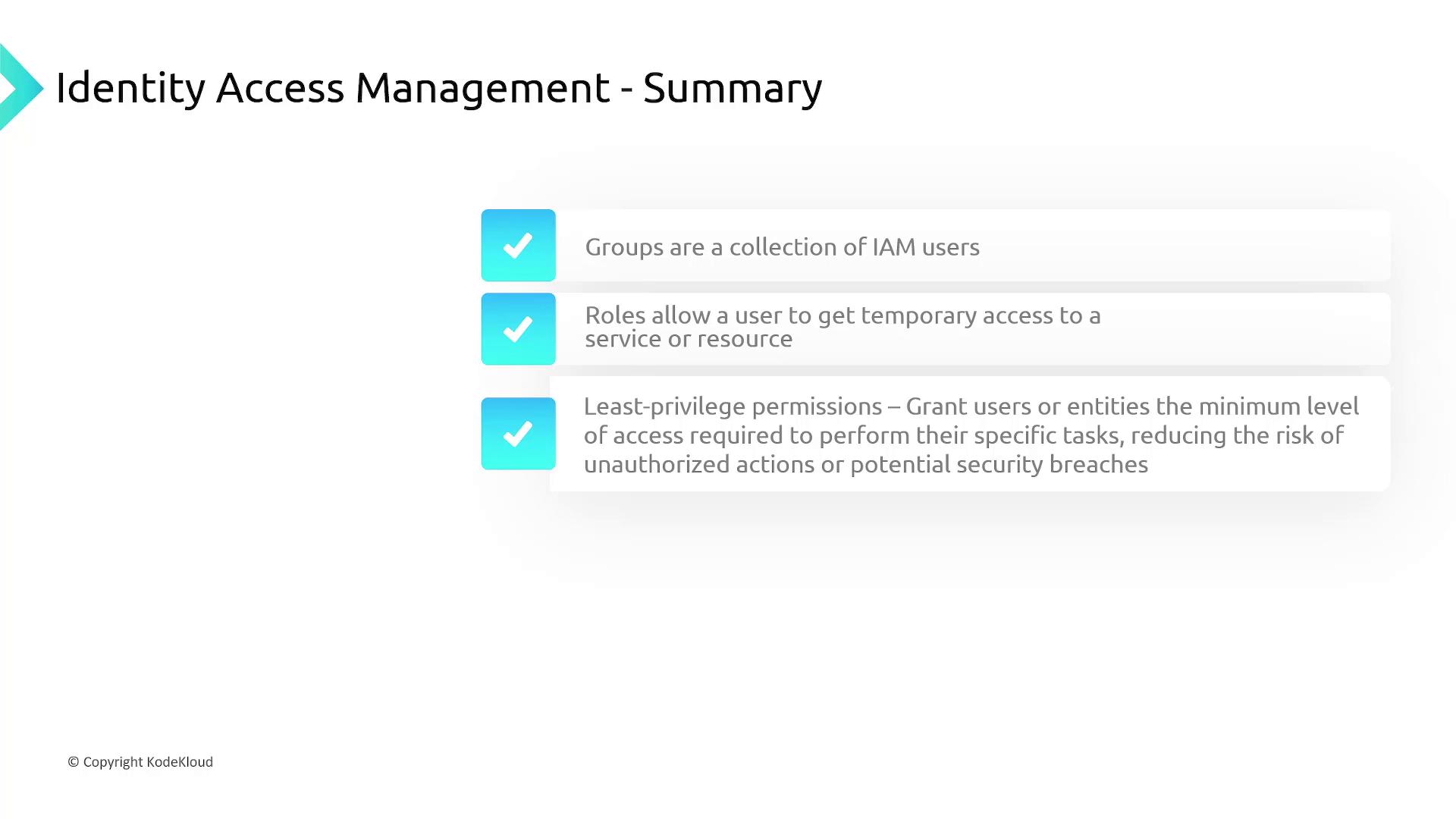 The image summarizes Identity Access Management, highlighting groups, roles for temporary access, and least-privilege permissions to minimize security risks.