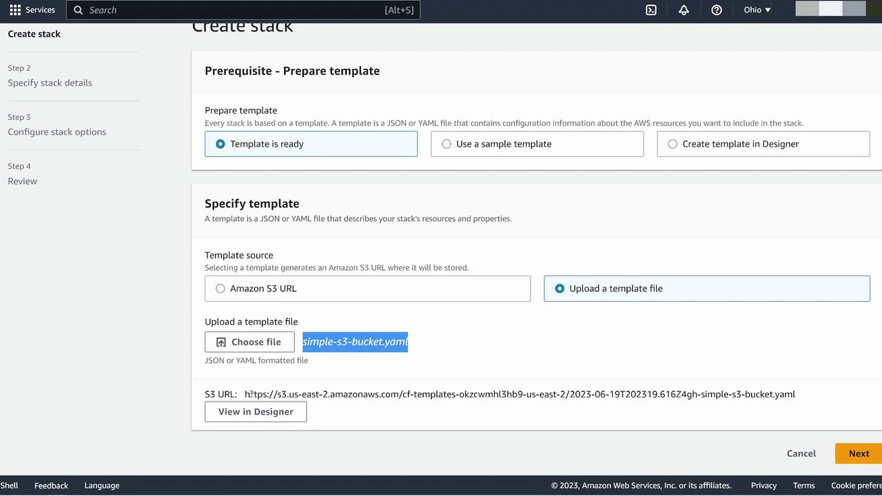 The image shows an AWS CloudFormation interface for creating a stack, with options to prepare and specify a template using a JSON or YAML file.