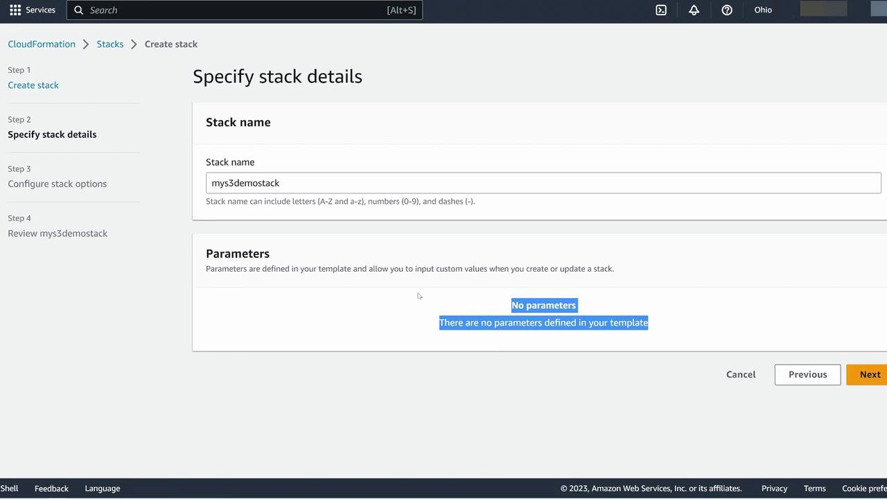 The image shows an AWS CloudFormation interface for specifying stack details, with a stack named "mys3demostack" and no parameters defined.