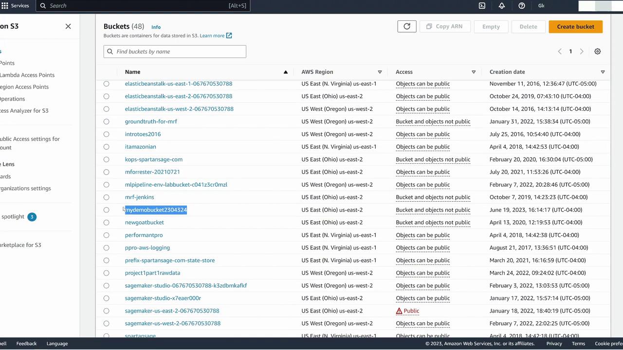 The image shows an Amazon S3 management console with a list of buckets, their regions, access settings, and creation dates.