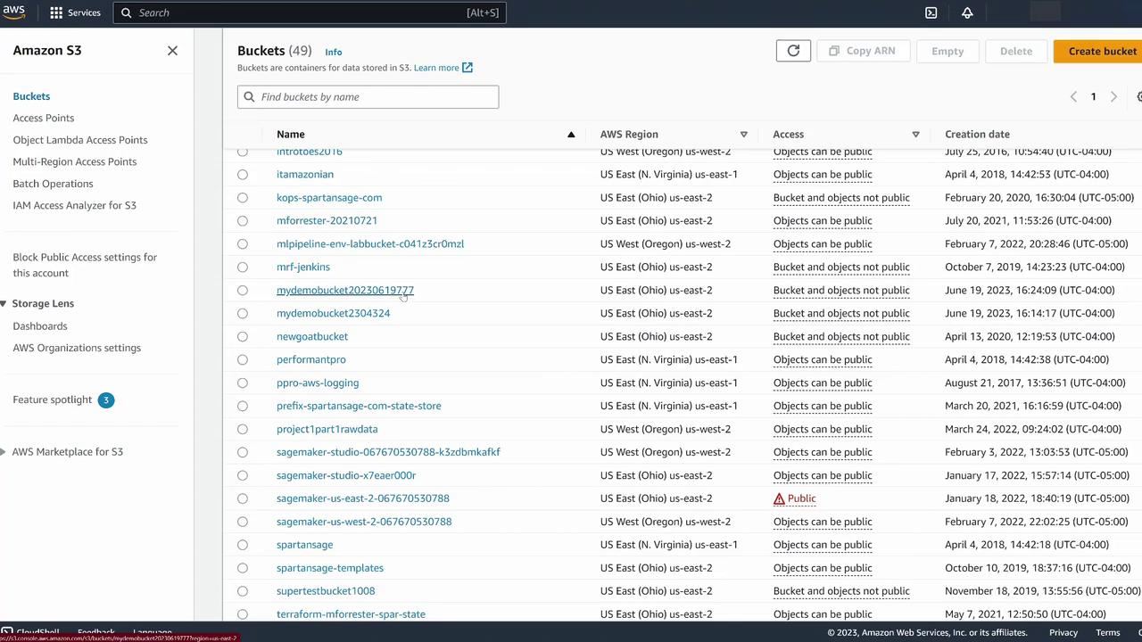 The image shows an Amazon S3 dashboard listing multiple buckets, their regions, access settings, and creation dates.