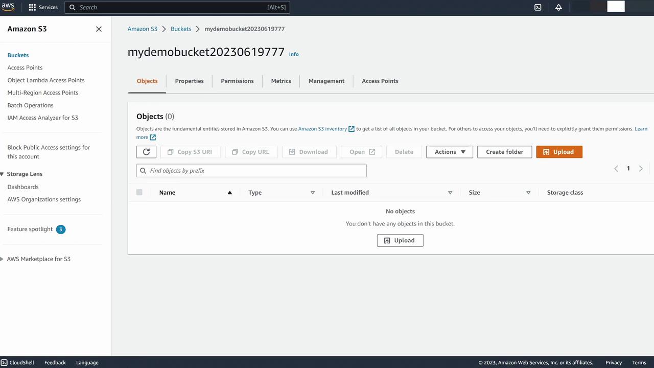 The image shows an Amazon S3 bucket interface named "mydemobucket20230619777" with no objects uploaded. Options for uploading and managing files are visible.