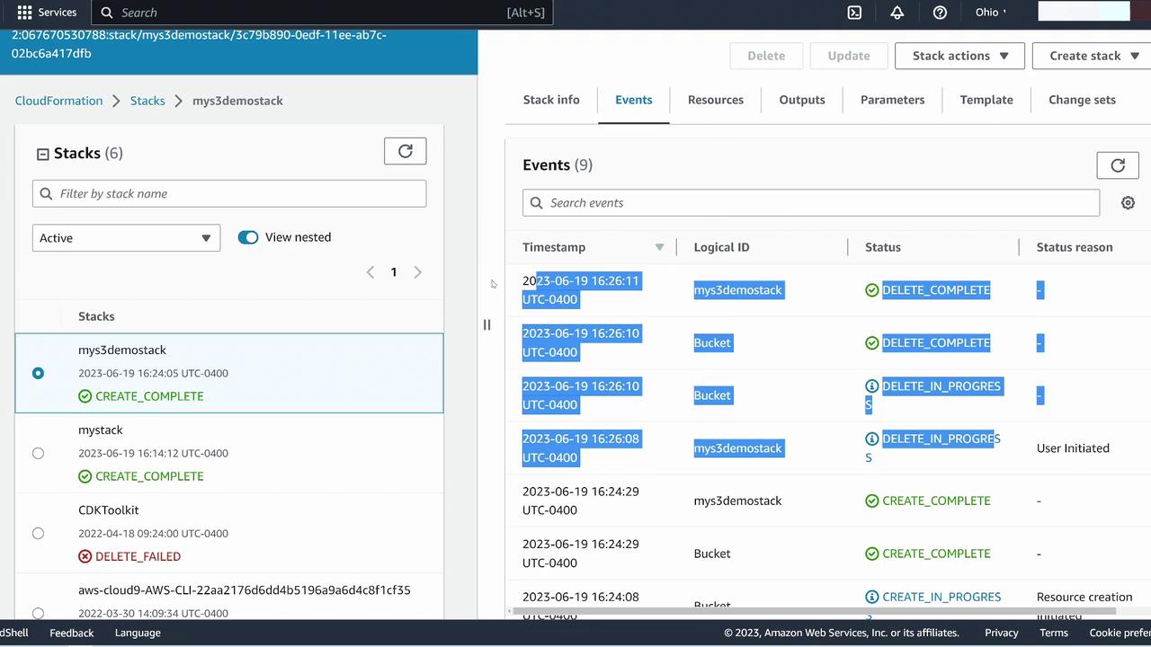 The image shows an AWS CloudFormation console with stack events, including creation and deletion statuses for "mys3demostack" and other stacks.