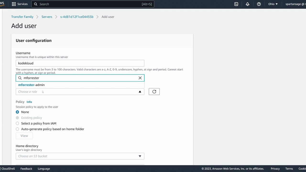 The image shows an AWS interface for adding a user, with fields for username, role, policy, and home directory configuration.