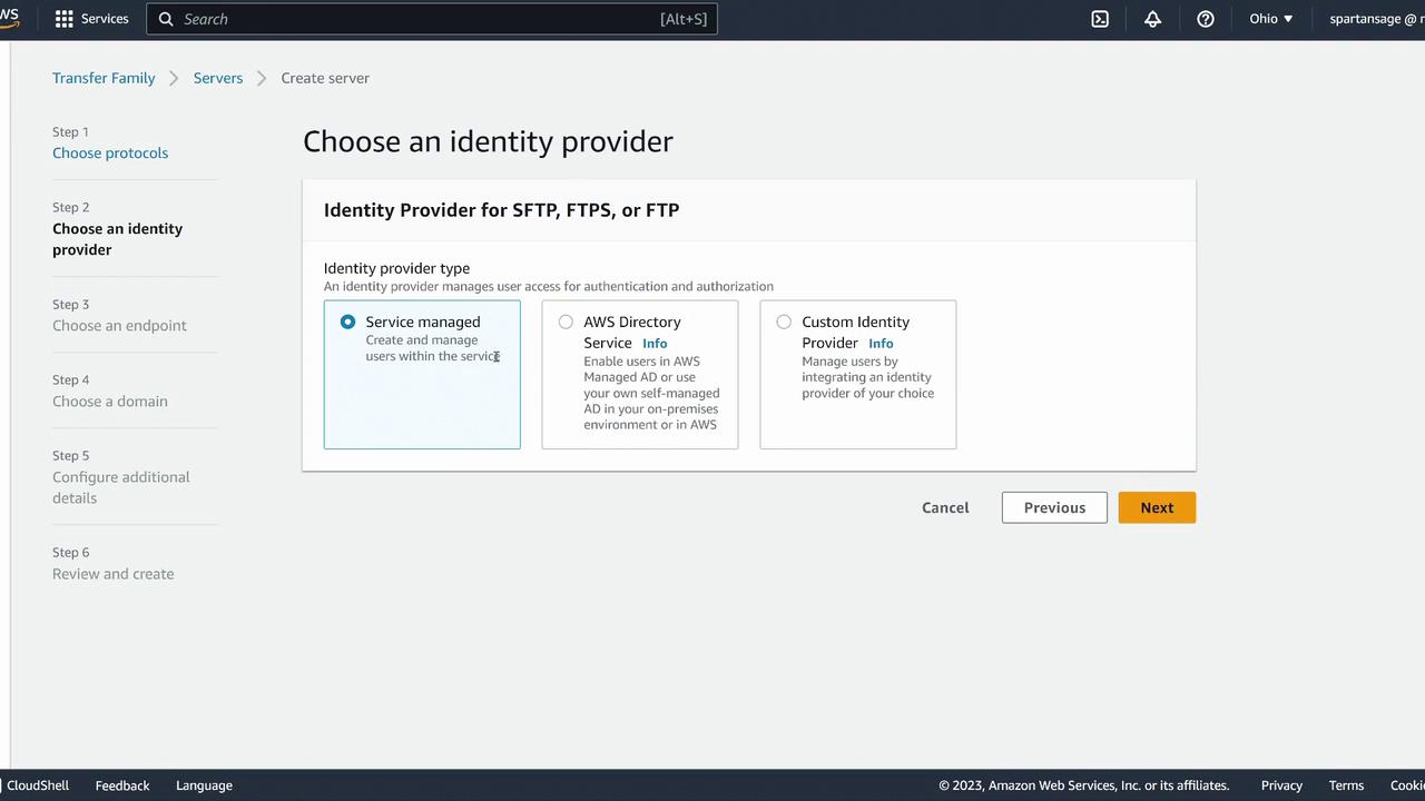 The image shows an AWS interface for selecting an identity provider for SFTP, FTPS, or FTP, with options for service-managed, AWS Directory Service, or custom identity provider.