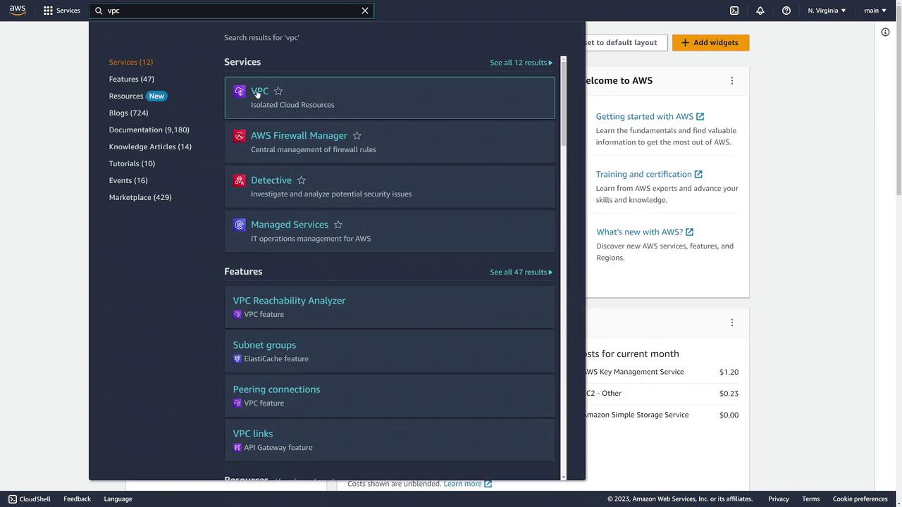 The image shows an AWS console interface with a search for "VPC," displaying related services and features like AWS Firewall Manager and VPC Reachability Analyzer.