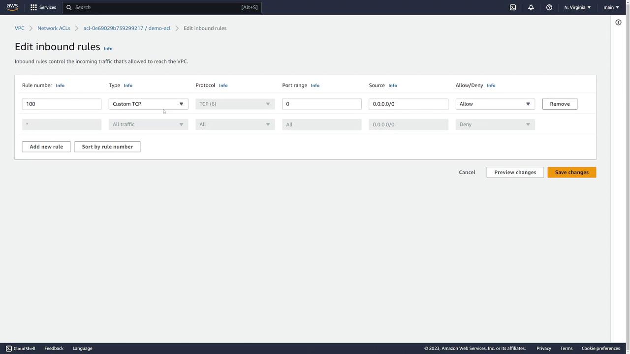 The image shows an AWS interface for editing inbound rules in a VPC, allowing or denying traffic based on specified protocols and sources.