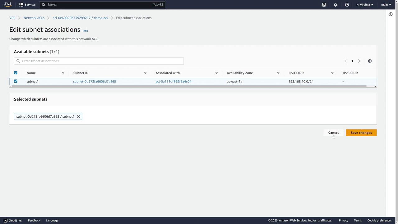 The image shows an AWS console interface for editing subnet associations, displaying available and selected subnets with options to save changes or cancel.