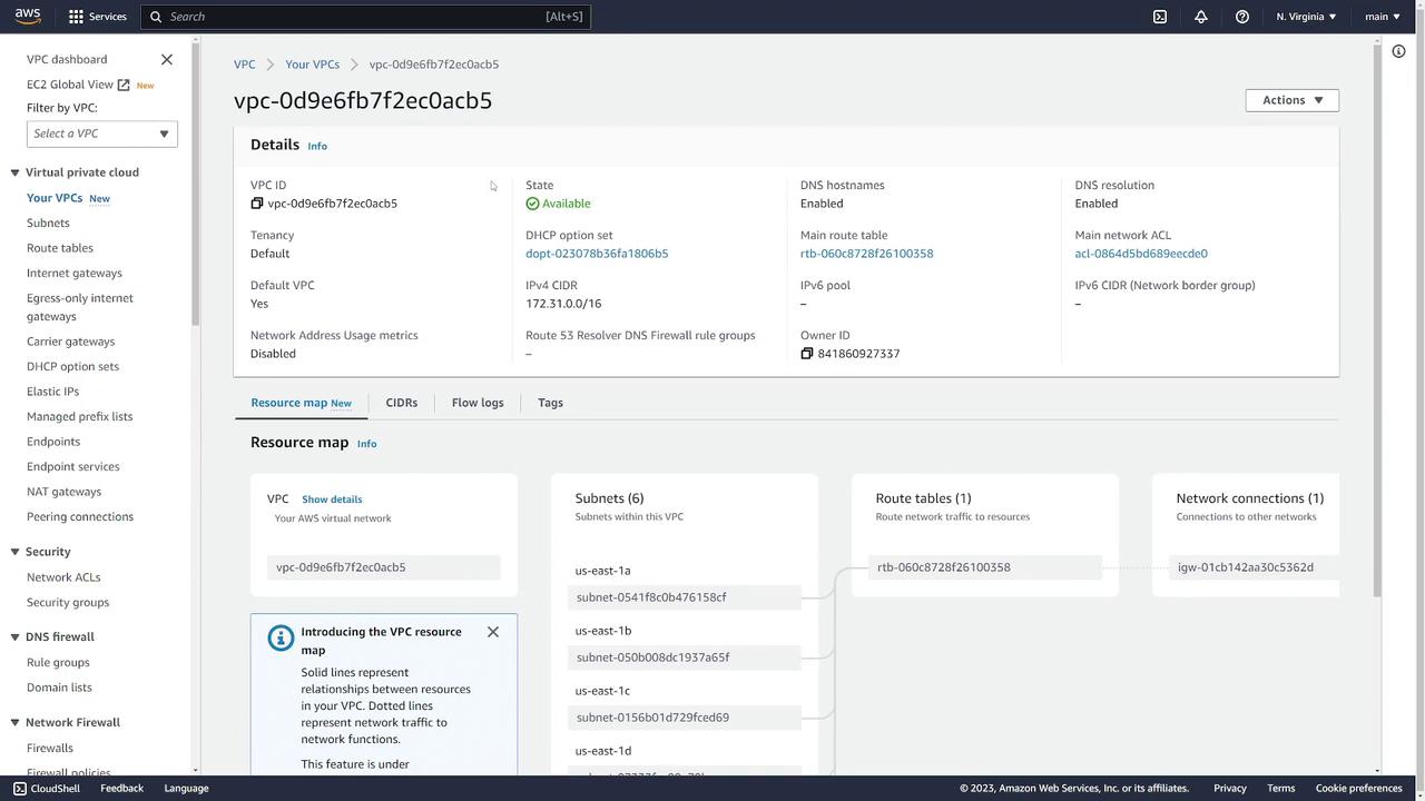 The image shows an AWS VPC dashboard displaying details of a specific VPC, including subnets, route tables, and network connections.