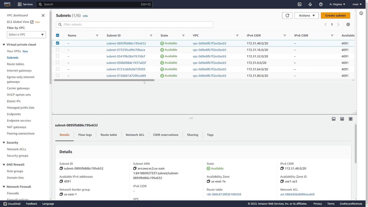 The image shows an AWS VPC dashboard displaying a list of subnets, their IDs, states, VPCs, and CIDR blocks, with subnet details highlighted.