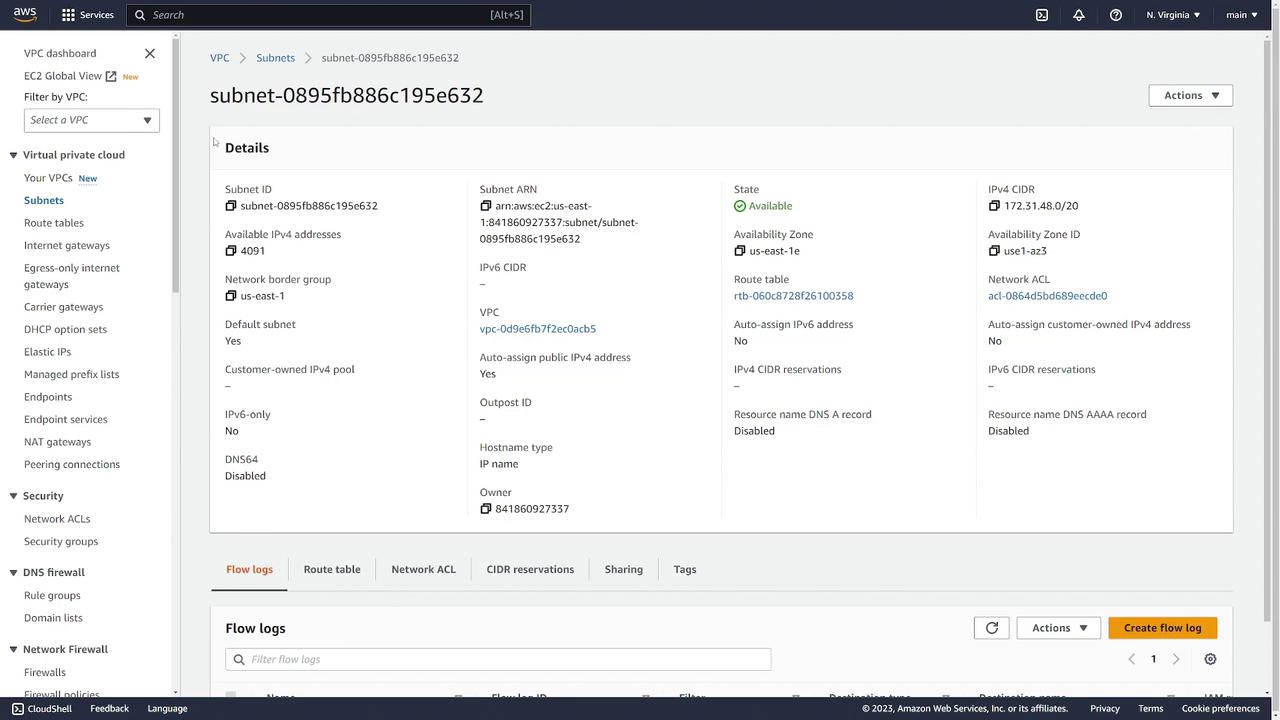 The image shows an AWS VPC dashboard displaying details of a specific subnet, including its ID, state, CIDR, and availability zone.