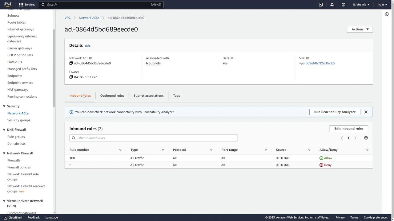 The image shows an AWS Network ACL configuration page, displaying inbound rules allowing and denying all traffic from any source.