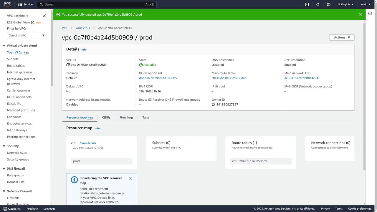 The image shows an AWS VPC dashboard displaying details of a specific VPC, including its ID, state, DNS settings, and associated resources.