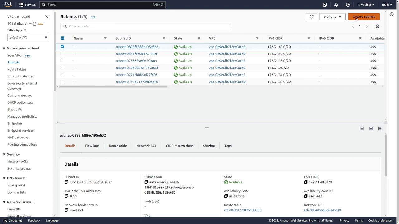 The image shows an AWS VPC dashboard displaying a list of subnets, their IDs, states, VPCs, and CIDR details.