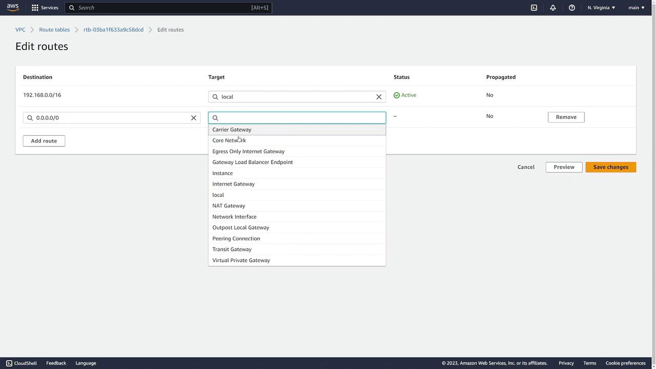 The image shows an AWS VPC route table editing interface, displaying destination, target options, and buttons for adding routes and saving changes.