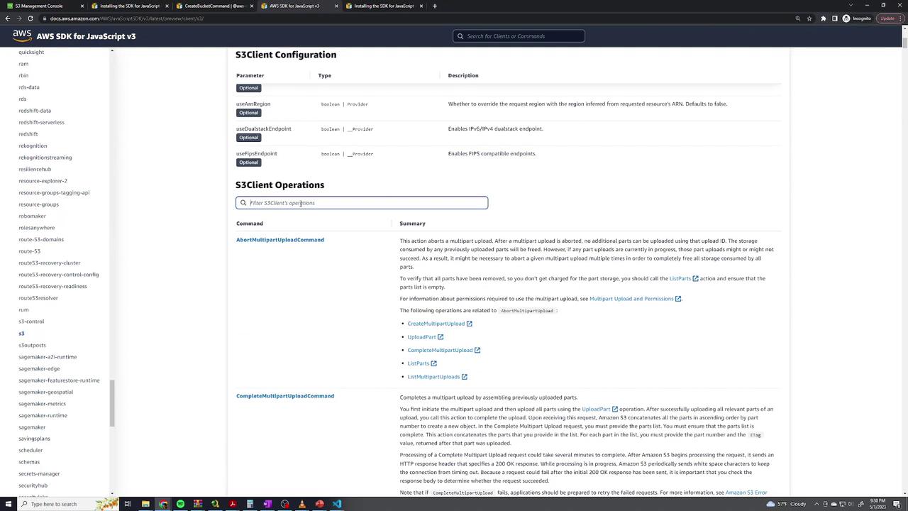 The image shows a webpage from AWS SDK for JavaScript v3 documentation, detailing S3Client configuration and operations, including multipart upload commands.