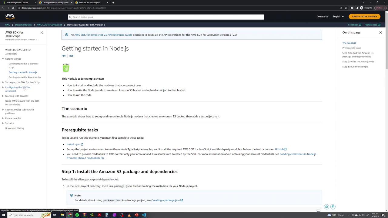 The image shows an AWS documentation page for getting started with Node.js using the AWS SDK for JavaScript, including setup instructions and prerequisites.