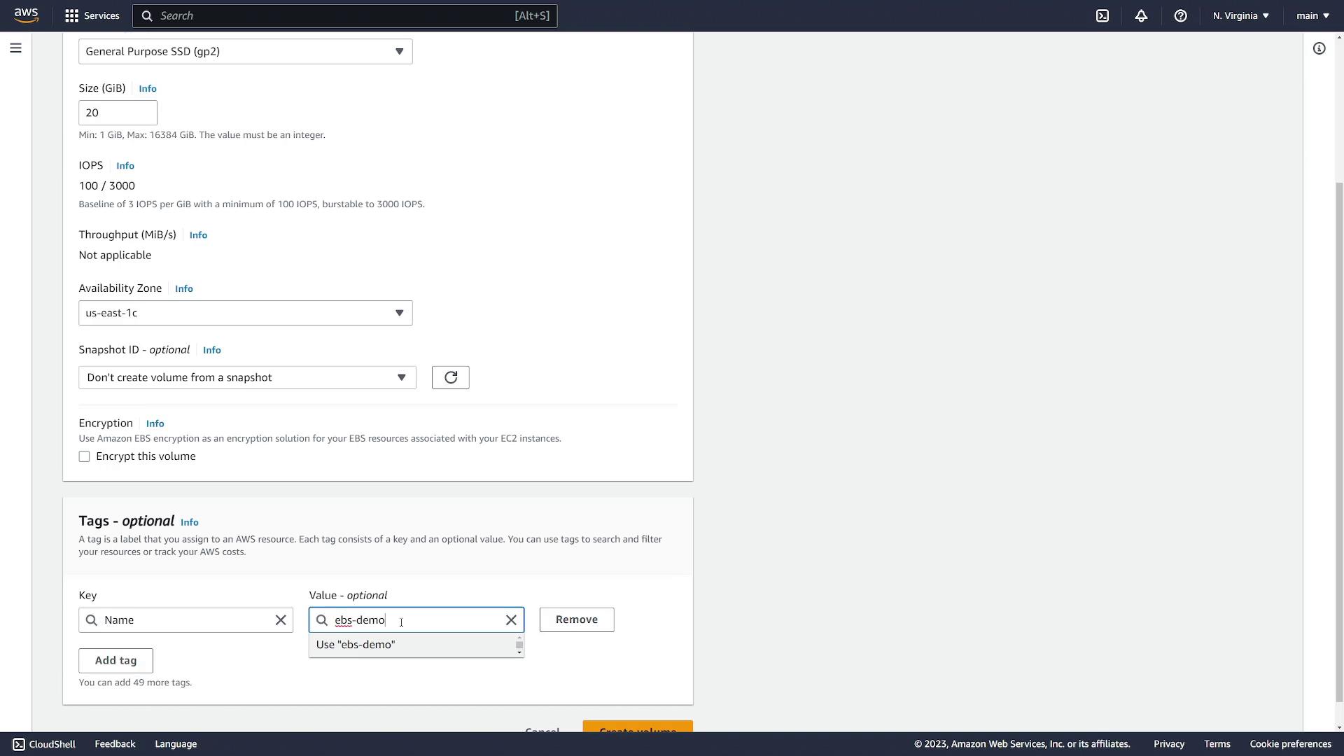 The image shows an AWS console screen for creating an EBS volume, with options for size, IOPS, availability zone, and tags.