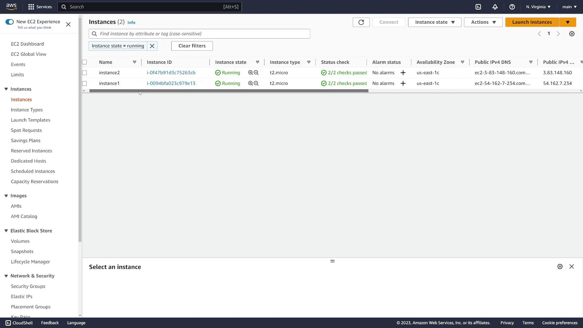 The image shows an AWS EC2 dashboard with two running instances, both of type t2.micro, with status checks passed and no alarms.