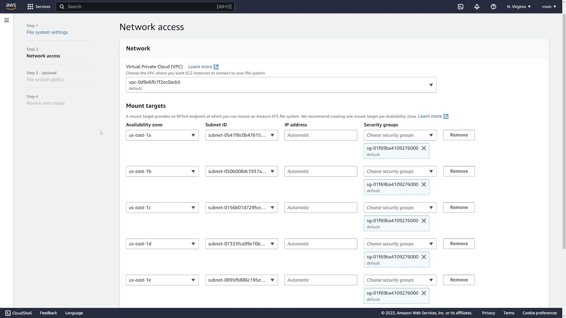 The image shows an AWS console screen for configuring network access, including VPC selection and mount targets for Amazon EFS across different availability zones.