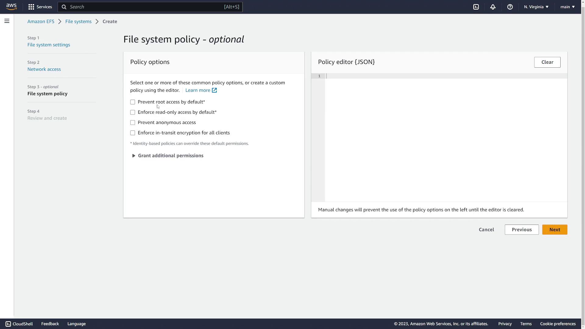 The image shows an AWS EFS file system policy configuration screen with options for access control and encryption settings.