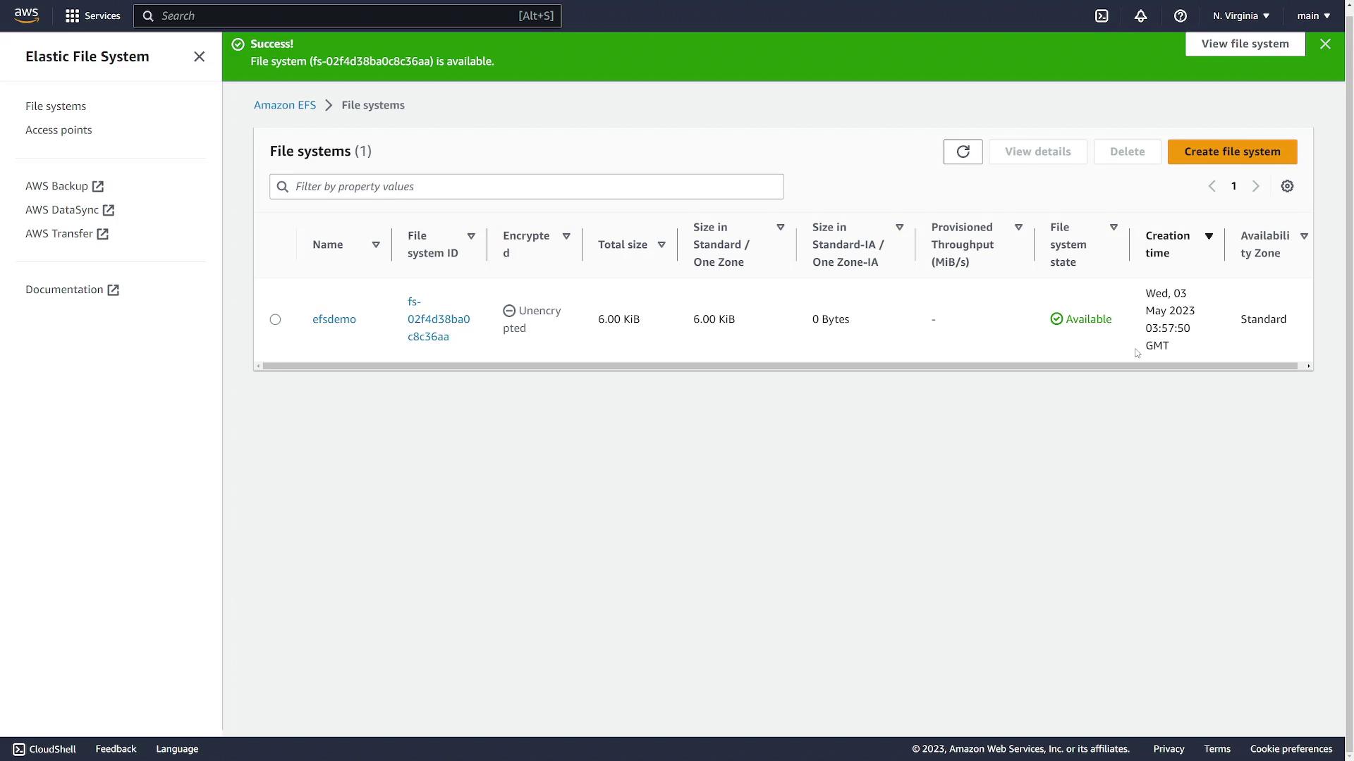 The image shows an AWS Elastic File System dashboard with one available file system named "efsdemo," unencrypted, and a total size of 6.00 KiB.