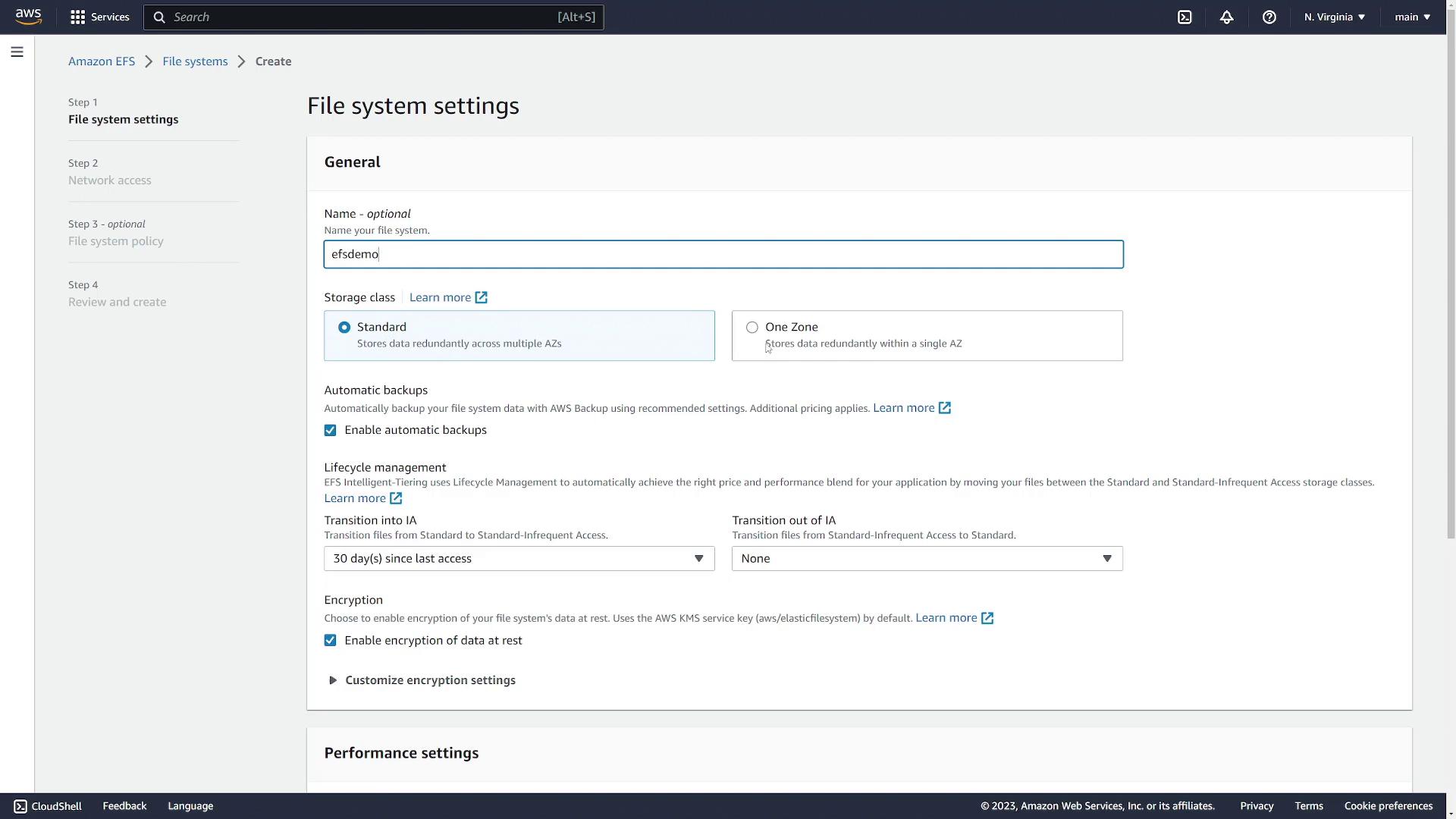 The image shows the AWS EFS file system settings page, where users can configure general settings, storage class, automatic backups, lifecycle management, and encryption options.