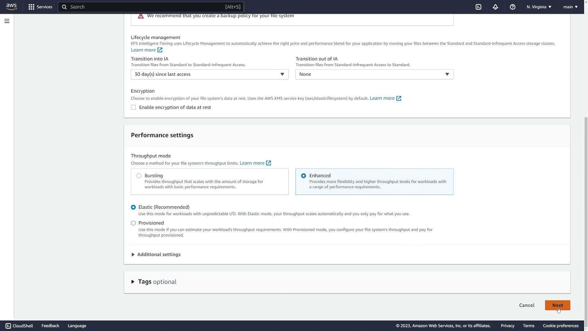 The image shows an AWS management console screen for configuring EFS settings, including lifecycle management, encryption, and performance settings with options for throughput modes.