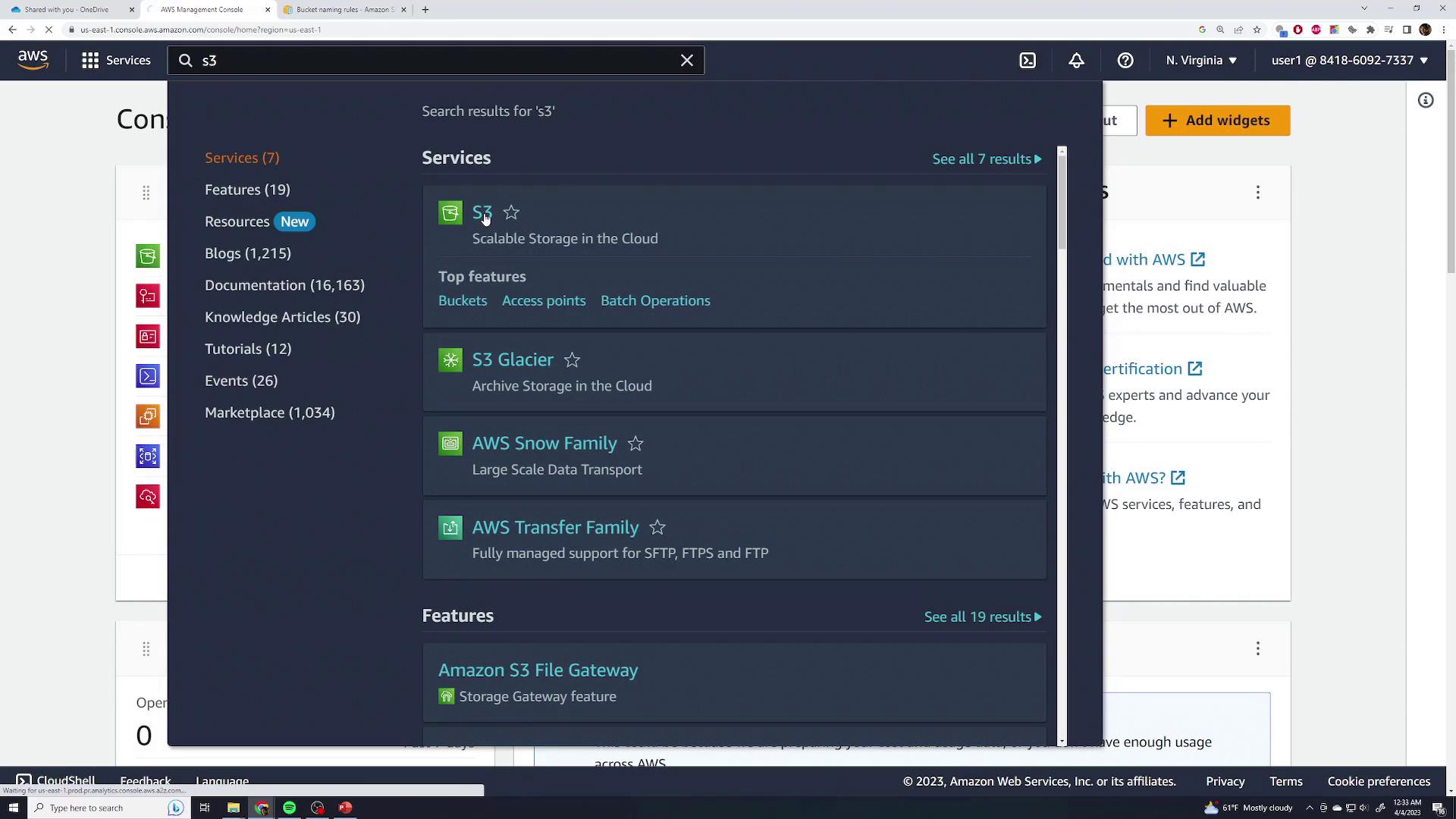 The image shows the AWS Management Console with a search for "S3," displaying related services like S3, S3 Glacier, AWS Snow Family, and AWS Transfer Family.