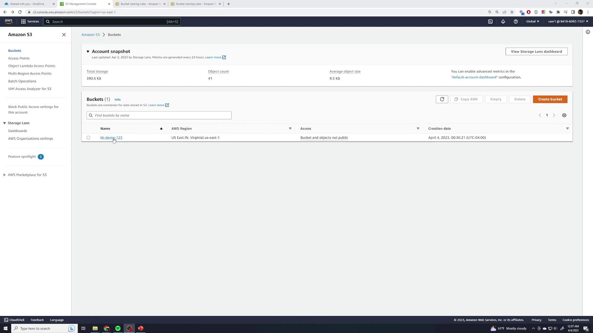 The image shows an Amazon S3 management console with a bucket named "kk-demo-123" in the US East (N. Virginia) region.