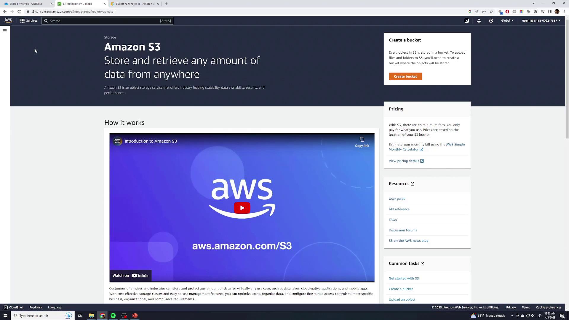 The image shows the Amazon S3 webpage, highlighting its data storage capabilities, with options to create a bucket, pricing details, resources, and a video introduction.