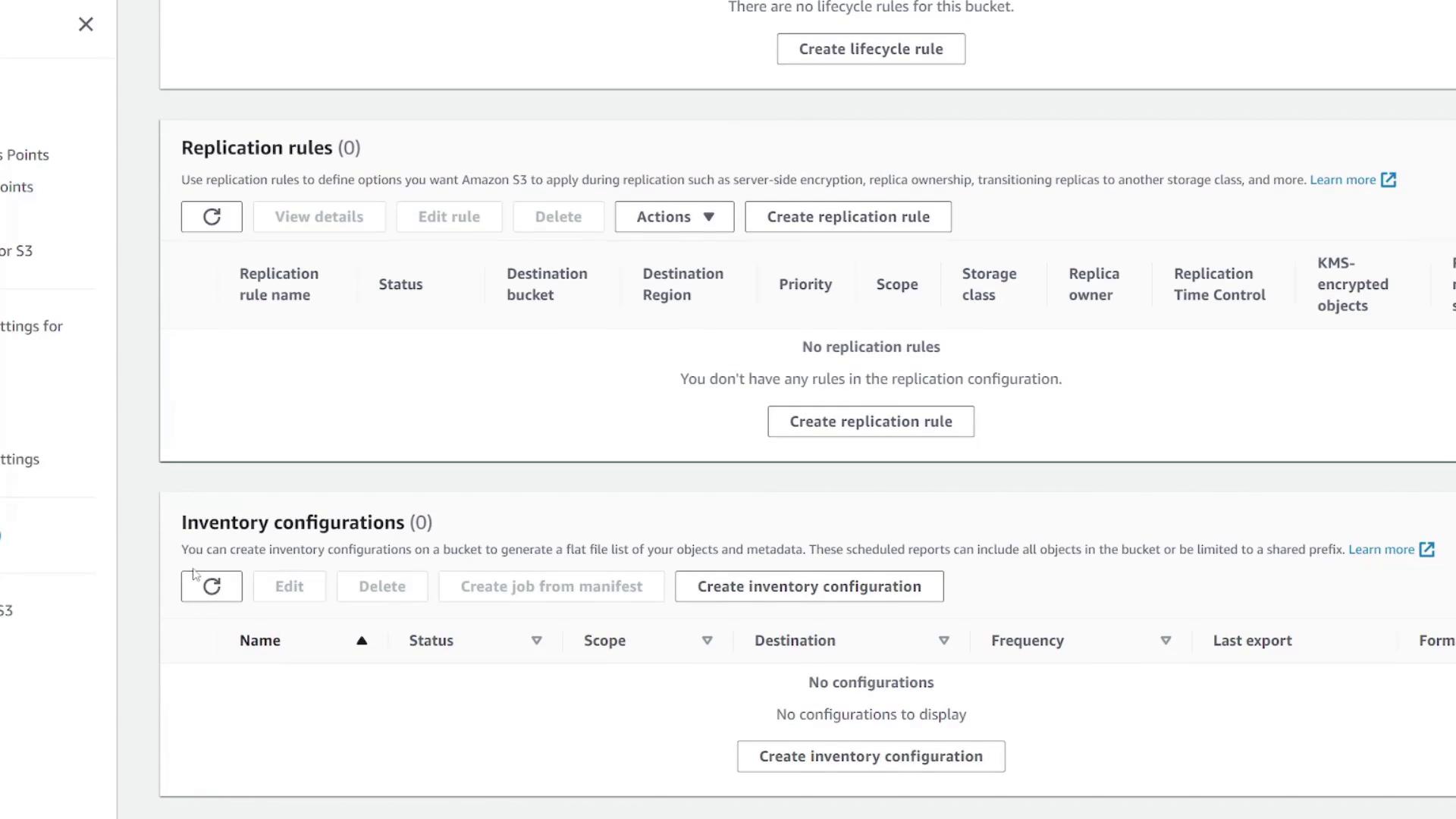 The image shows an Amazon S3 management console screen with sections for creating replication rules and inventory configurations, both currently empty.