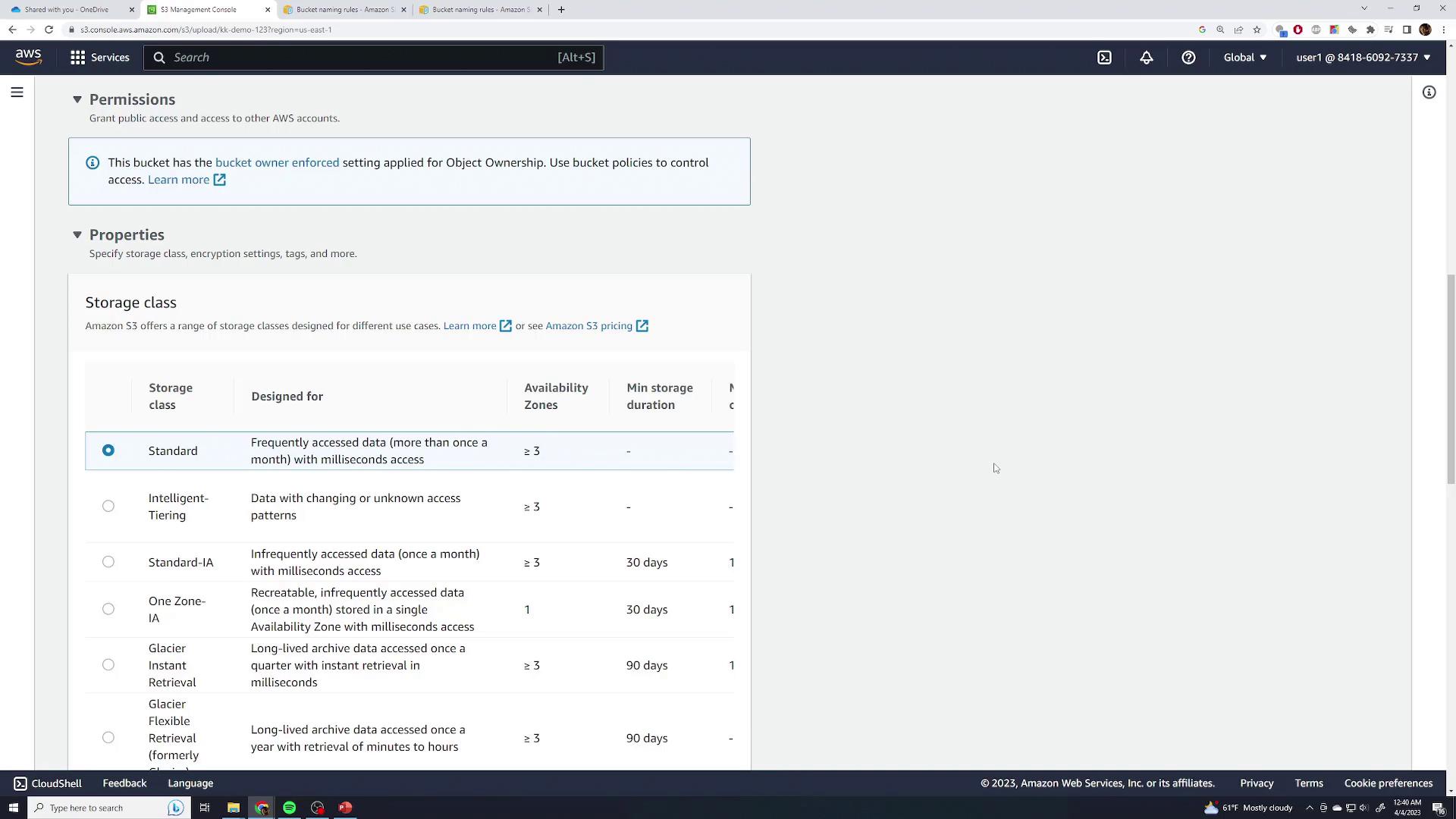 The image shows the AWS S3 Management Console, displaying storage class options and their details, including availability zones and minimum storage duration.