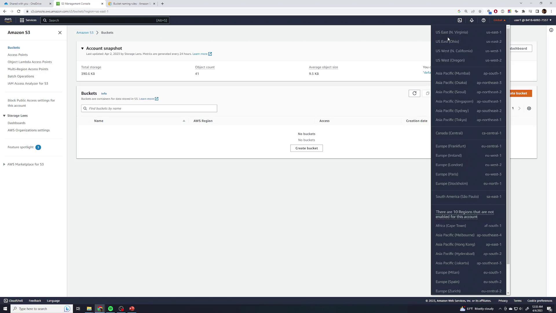 The image shows an Amazon S3 management console with no buckets created, displaying storage metrics and a region selection dropdown.