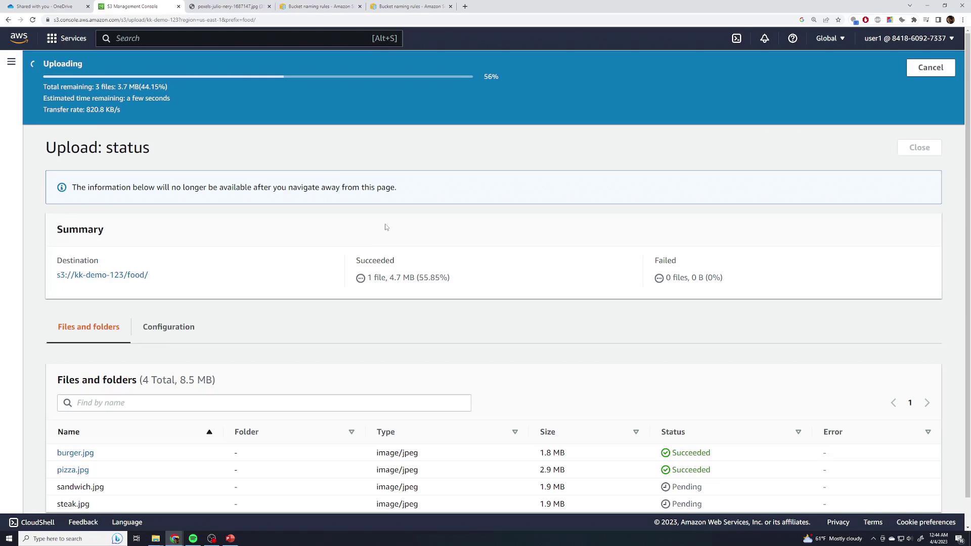 The image shows an AWS S3 Management Console screen, displaying the upload status of image files to a bucket, with some files succeeded and others pending.