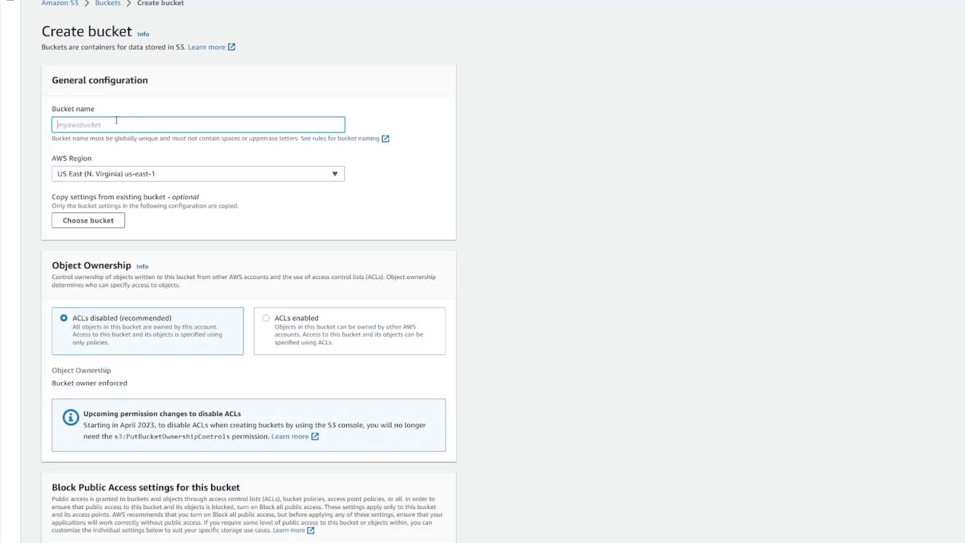 The image shows an AWS S3 "Create bucket" configuration page, including fields for bucket name, region selection, and object ownership settings.