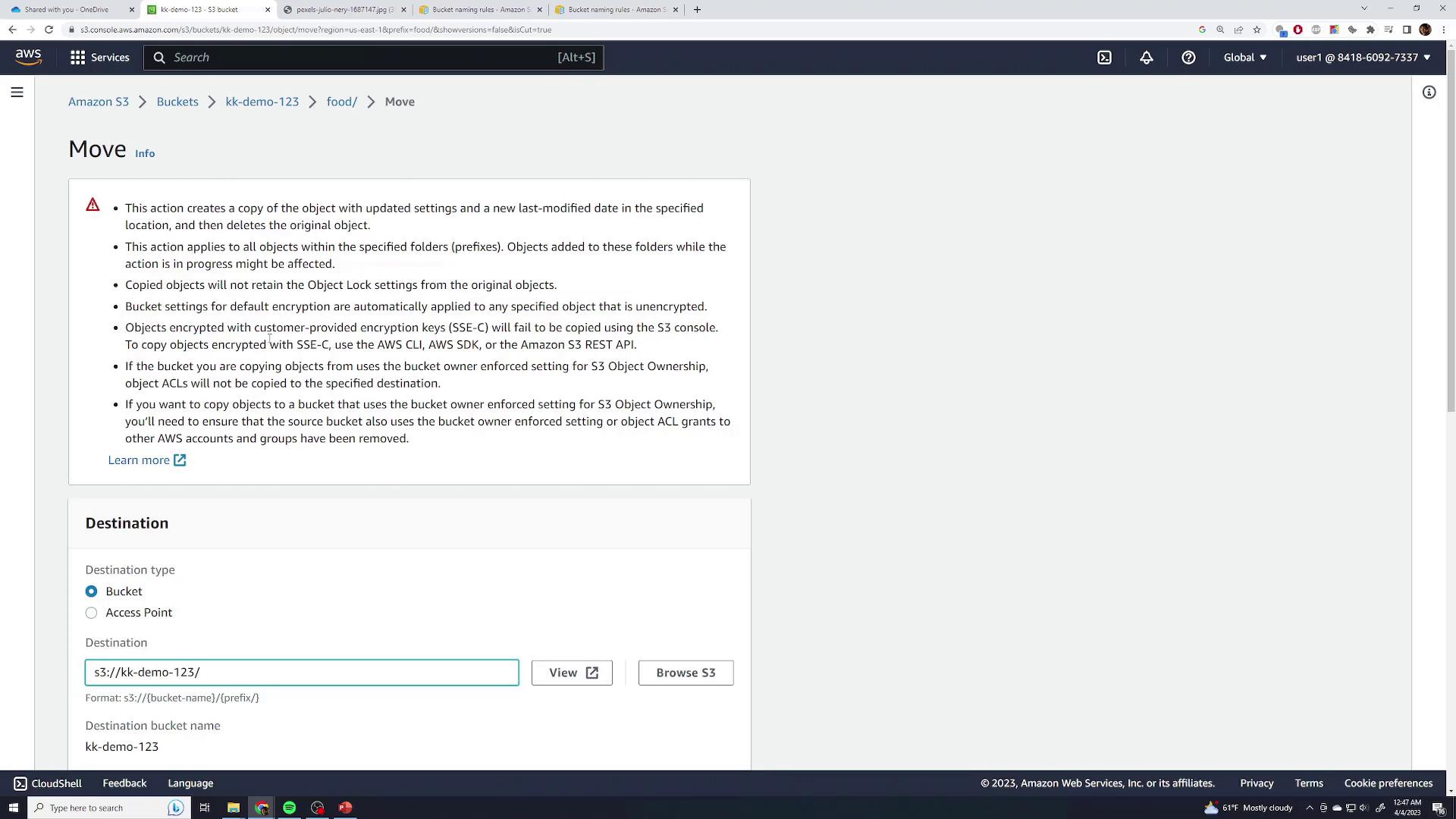 The image shows an Amazon S3 console interface for moving objects, detailing encryption and ownership settings, with a destination bucket specified as "kk-demo-123."