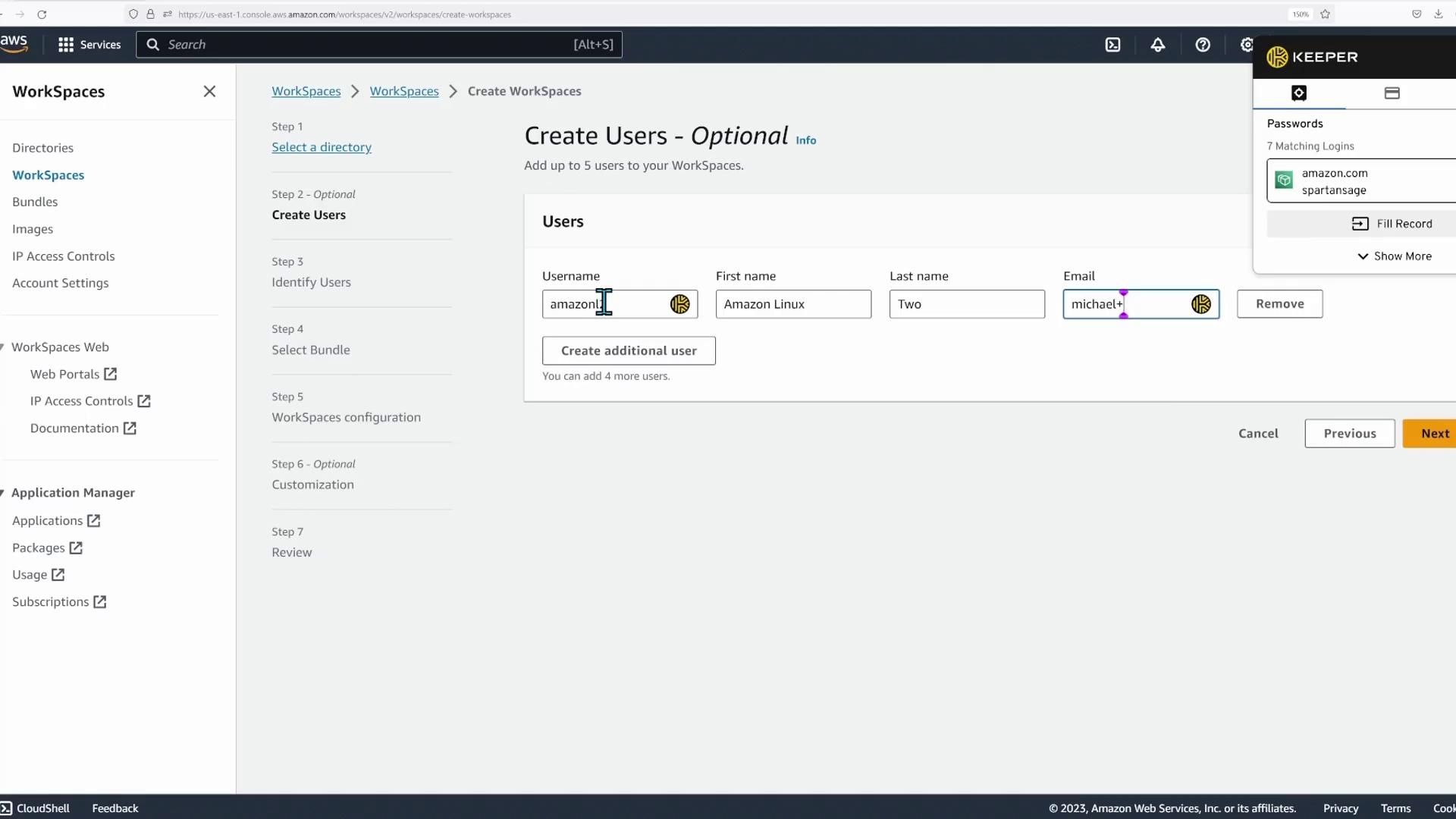 The image shows an AWS WorkSpaces interface for creating users, with fields for username, first name, last name, and email, alongside navigation and password management options.