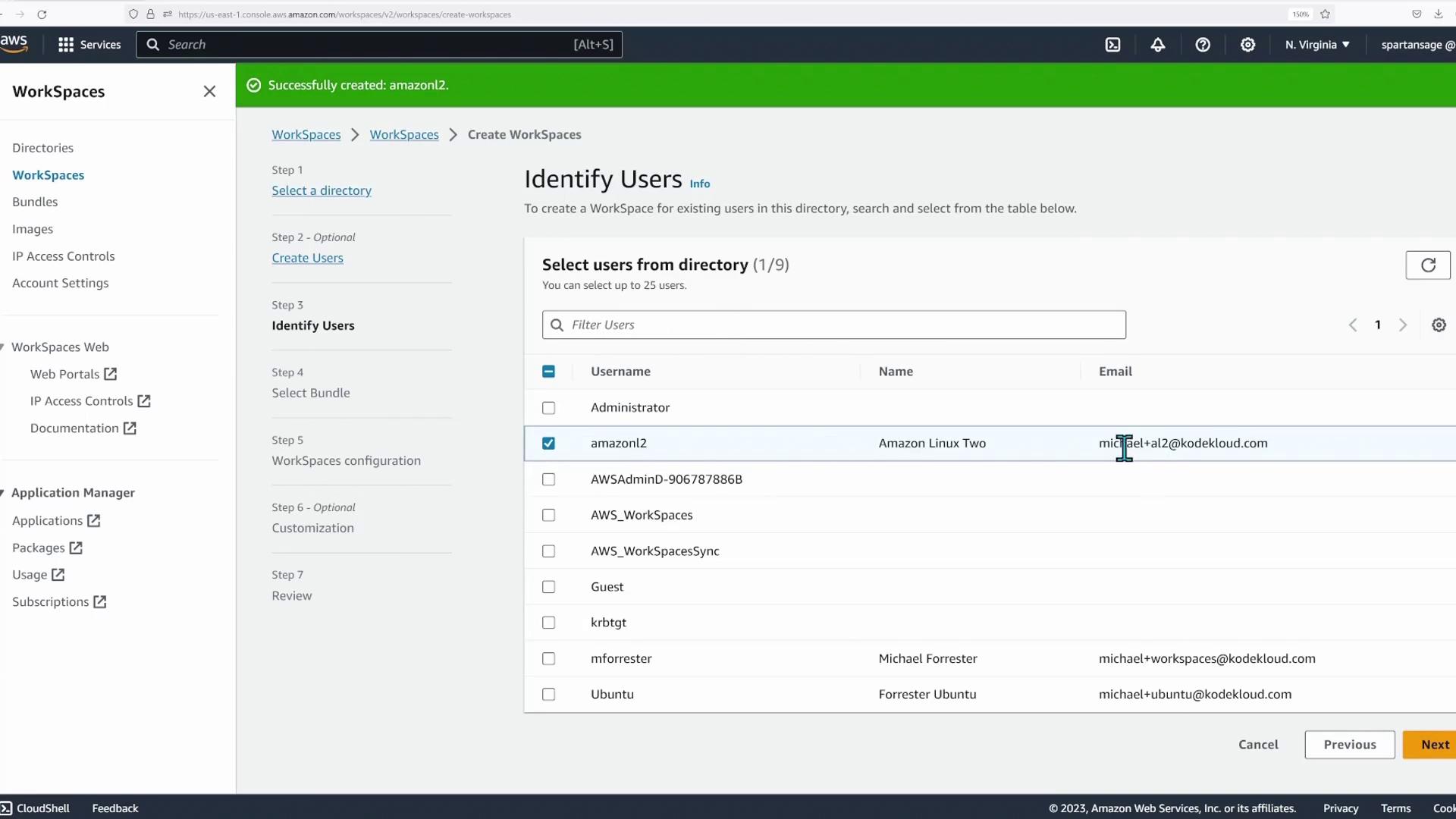 The image shows an AWS WorkSpaces interface for identifying users, listing usernames, names, and emails, with "amazonl2" selected. Steps for creating WorkSpaces are on the left.