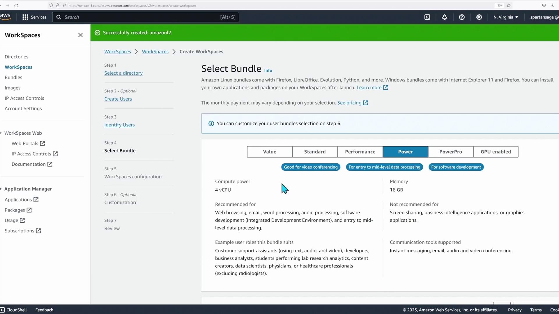 The image shows an AWS WorkSpaces interface for selecting a bundle, highlighting a "Power" option with 4 vCPU and 16 GB memory, suitable for software development and data processing.