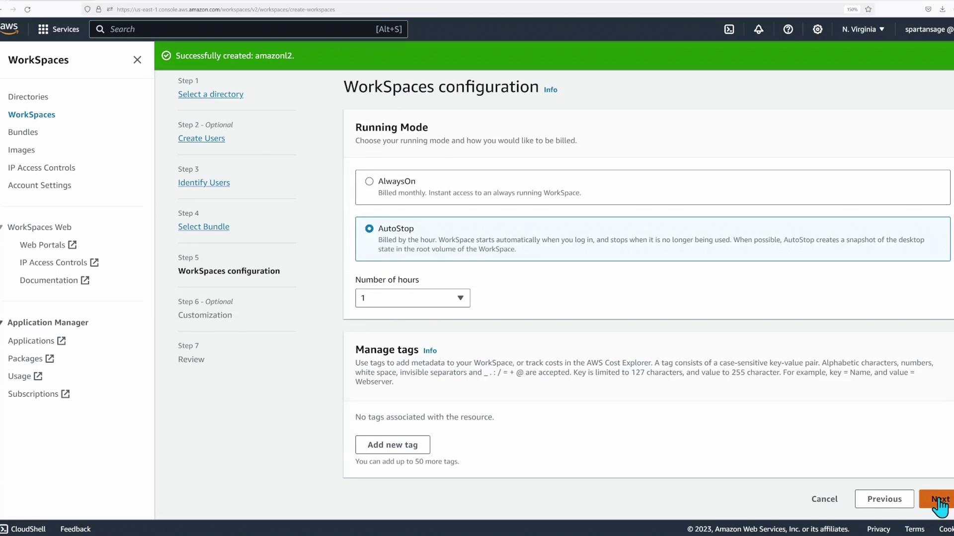 The image shows an AWS WorkSpaces configuration screen, highlighting running mode options (AlwaysOn, AutoStop) and tag management, with navigation steps on the left sidebar.