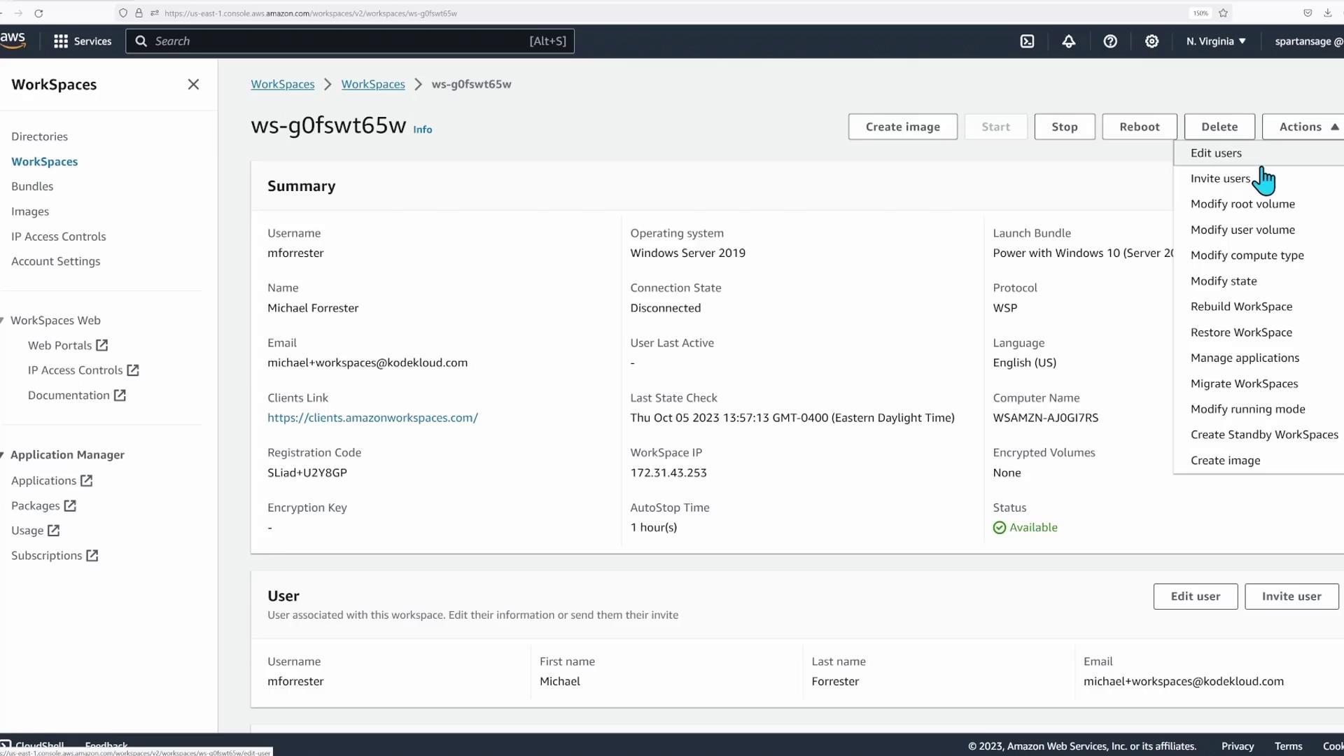 The image shows an AWS WorkSpaces management console with details of a specific workspace, including user information, connection state, and available actions like editing users.
