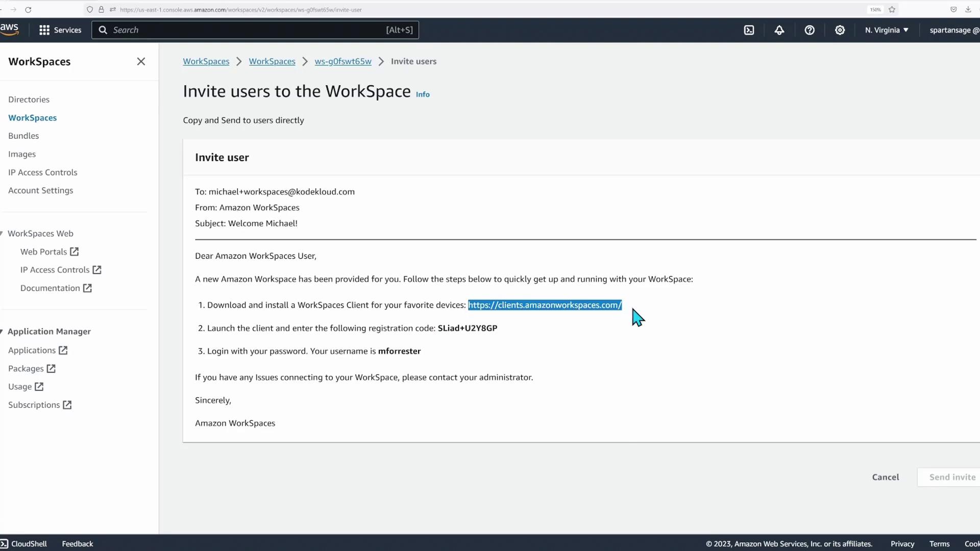 The image shows an Amazon WorkSpaces interface for inviting users, with instructions for downloading the client and registration details.