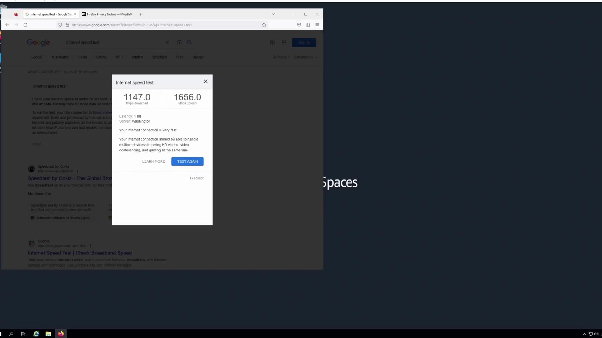 A screenshot of an internet speed test result showing 1147 Mbps download and 1656 Mbps upload, with 1 ms latency, indicating a very fast connection.