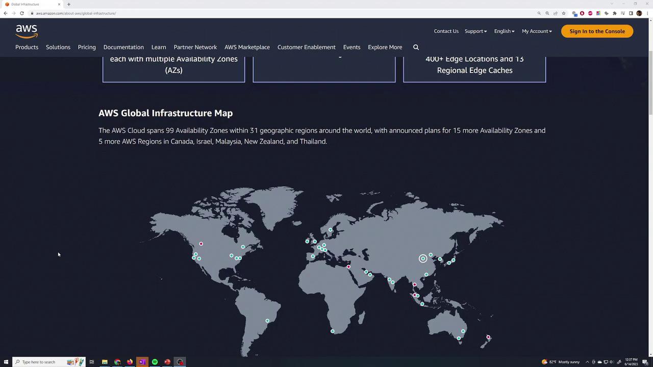 The image shows an AWS Global Infrastructure Map highlighting availability zones and planned regions worldwide, with a focus on expansion in Canada, Israel, Malaysia, New Zealand, and Thailand.