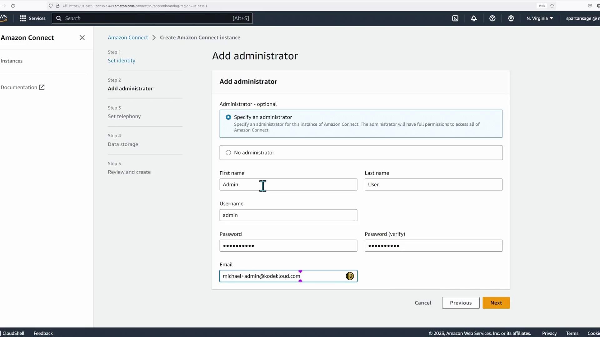 The image shows an Amazon Connect interface for adding an administrator, with fields for name, username, password, and email.